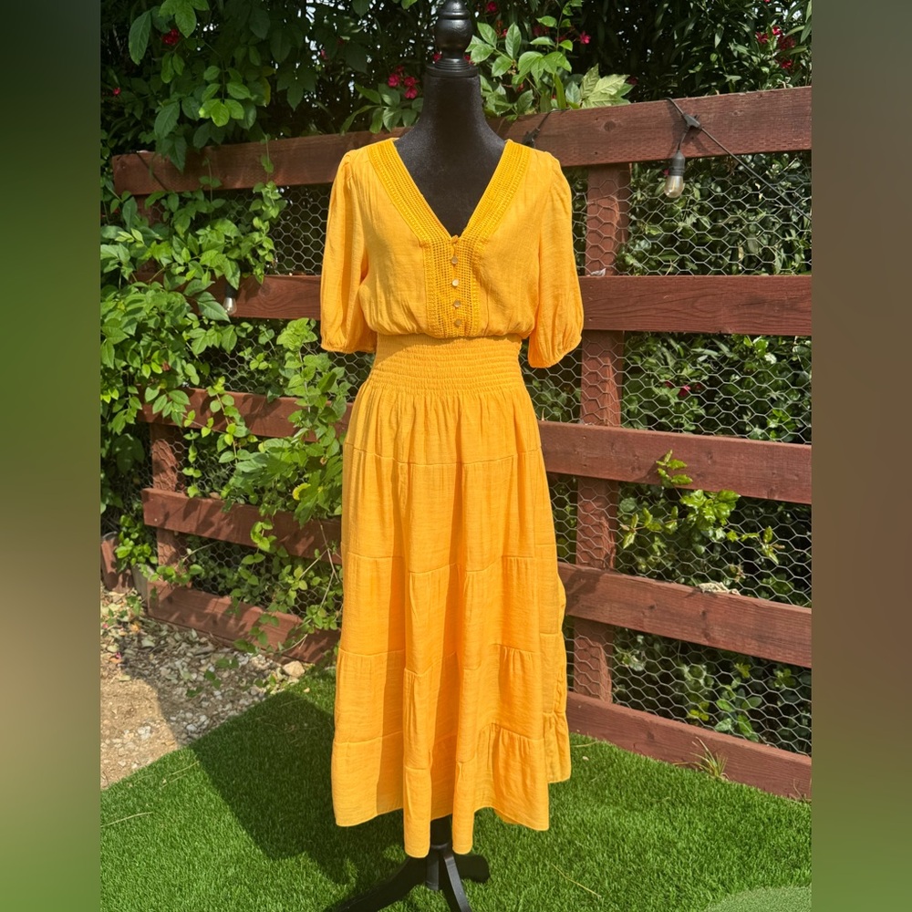 Sunshine Yellow Maxi Dress with Smocked Waist and Button Front